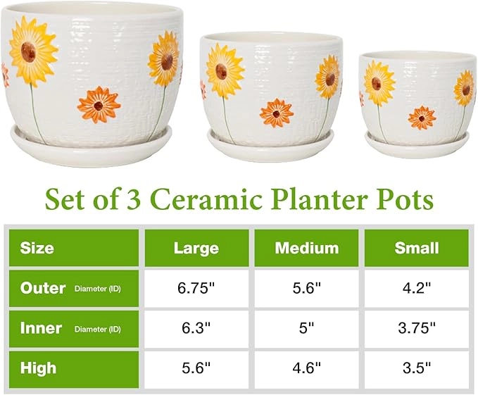 Hlukana Ceramic Plant Pots Set of 3 with Drainage & Saucers - Image 2