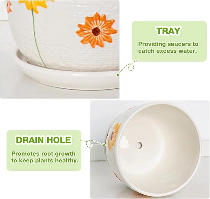 Hlukana Ceramic Plant Pots Set of 3 with Drainage & Saucers - Image 3